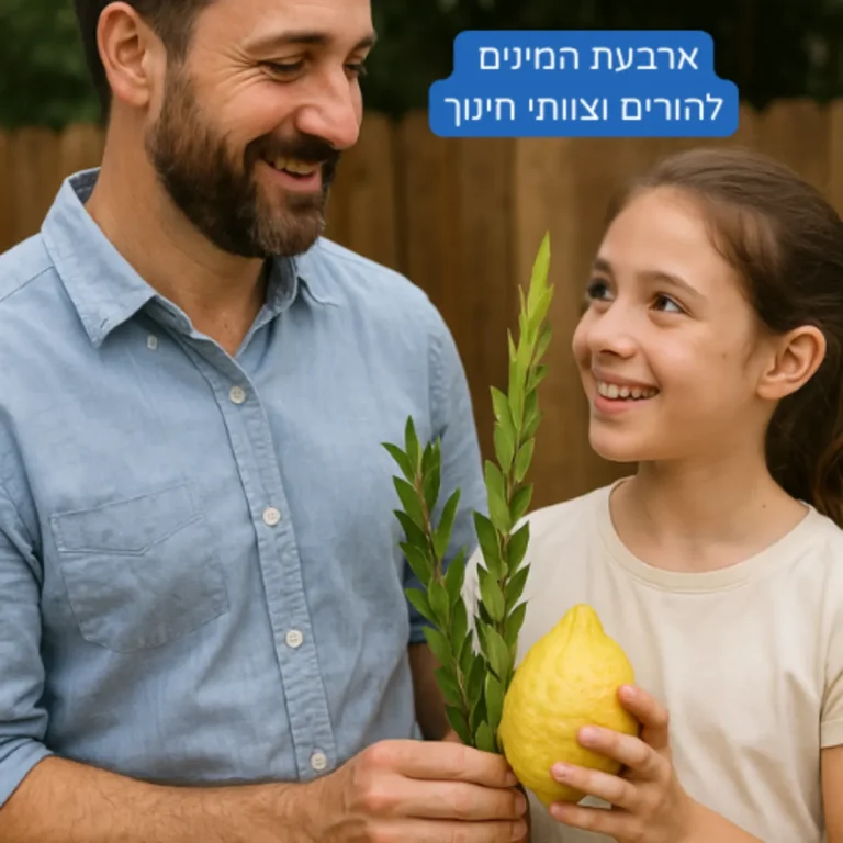 אבא ובת מחזיקים ארבעת המינים בסוכה אתרוג וערבה, לימוד ערכים דרך חג סוכות