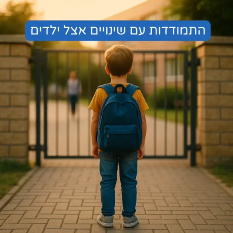 ילד עומד מול שער בית הספר ביום הראשון ללימודים – המחשה של התמודדות עם שינויים רגשיים בילדים