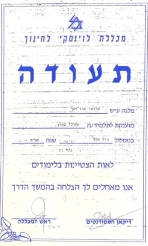 תעודת הצטיינות הוראה לגיל הרך מכללת לוינסקי